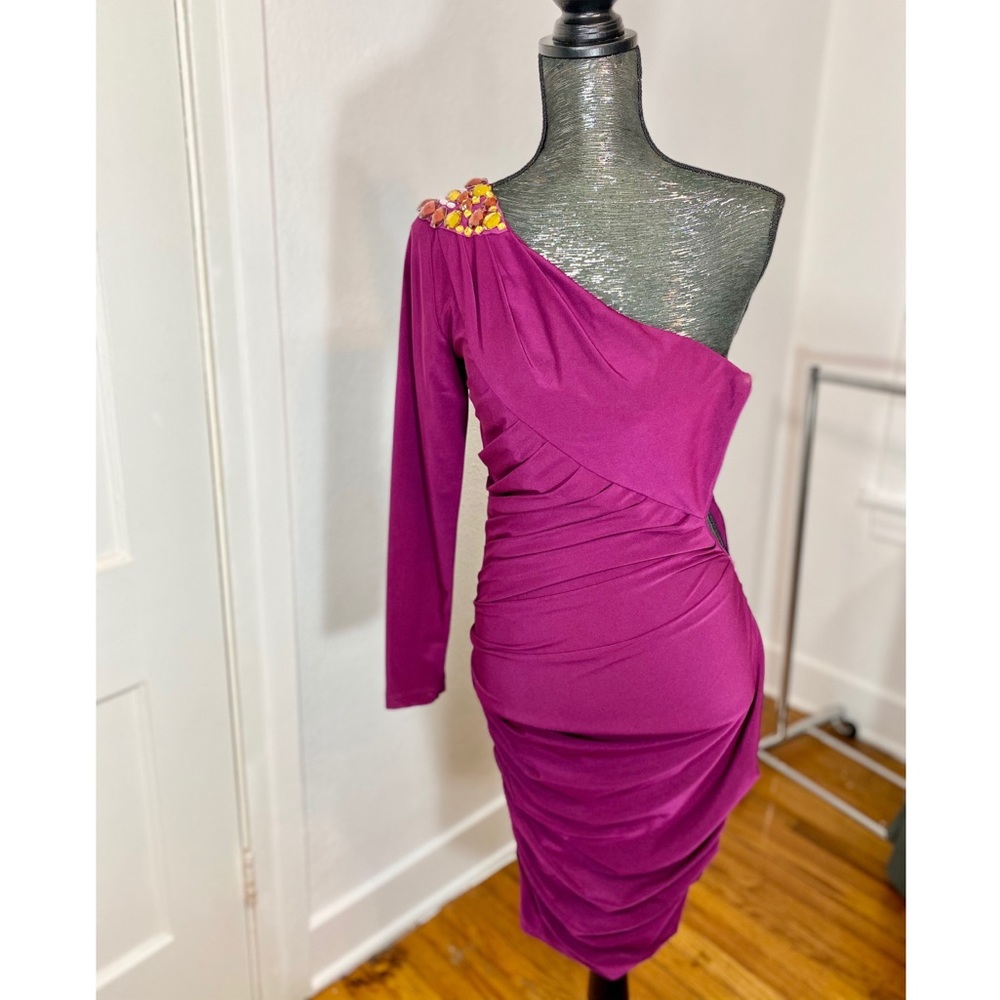Caché Violet Ruched Rhinestone Shoulder Dress Sz 4